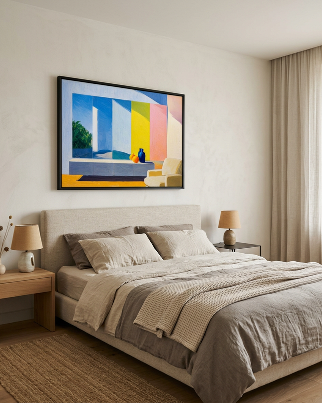 Constructed Dimension hand-painted landscape painting displayed in a serene bedroom