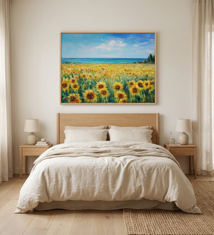 Golden Days hand-painted landscape painting displayed in a serene bedroom