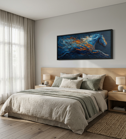 Bluefire Stallion hand-painted abstract painting displayed in a serene bedroom