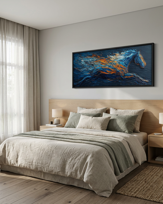 Bluefire Stallion hand-painted abstract painting displayed in a serene bedroom