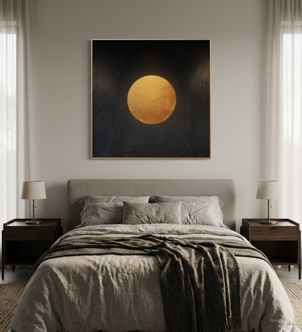 Sphere of Serenity hand-painted cityscape painting displayed in a serene bedroom
