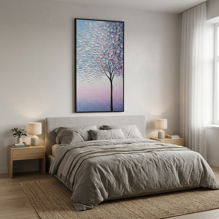 Lavender Petals hand-painted landscape painting displayed in a serene bedroom