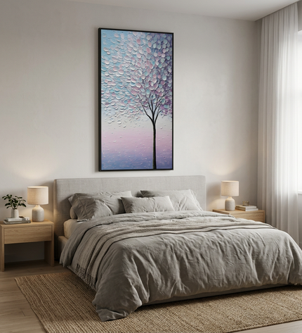 Lavender Petals hand-painted landscape painting displayed in a serene bedroom