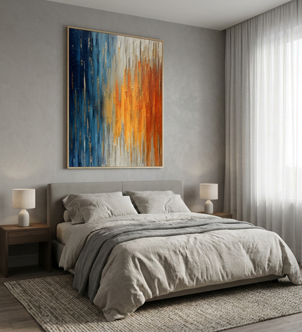 Andromeda Blaze hand-painted abstract painting displayed in a serene bedroom