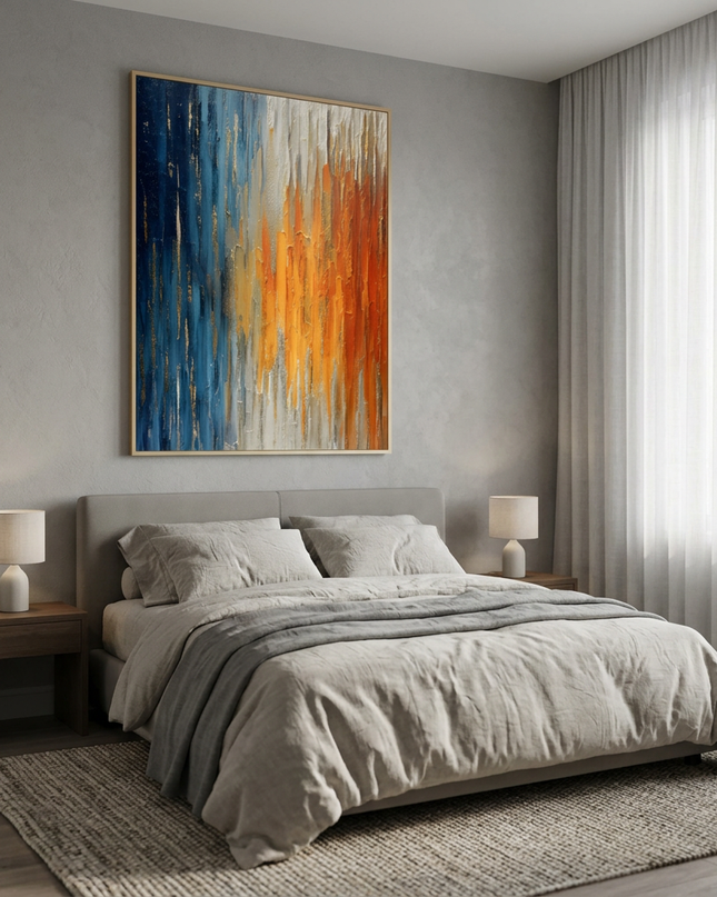 Andromeda Blaze hand-painted abstract painting displayed in a serene bedroom