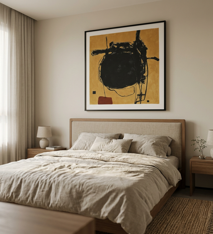 Obsidian Orbit hand-painted abstract painting displayed in a serene bedroom