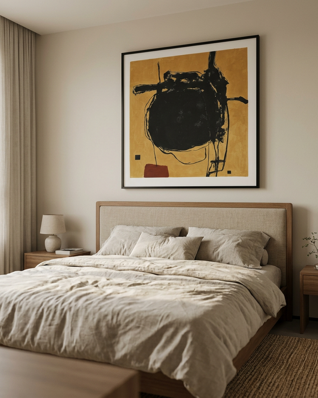 Obsidian Orbit hand-painted abstract painting displayed in a serene bedroom