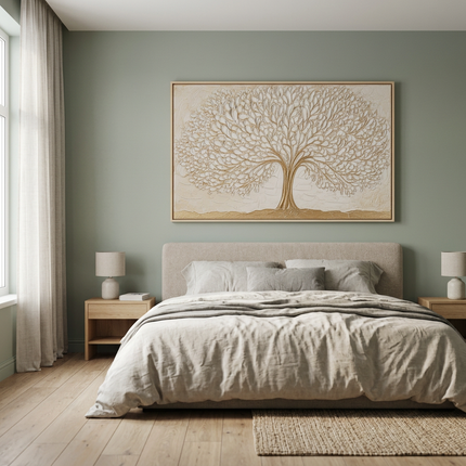Blooming Growth hand-painted floral painting displayed in a serene bedroom
