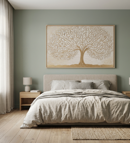 Blooming Growth hand-painted floral painting displayed in a serene bedroom