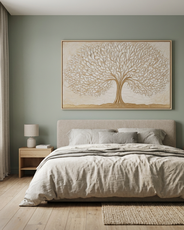 Blooming Growth hand-painted floral painting displayed in a serene bedroom