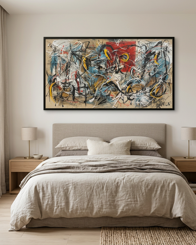 Perfect Storm hand-painted figurative painting displayed in a serene bedroom