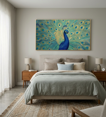 Feathers of Fortune hand-painted figurative painting displayed in a serene bedroom