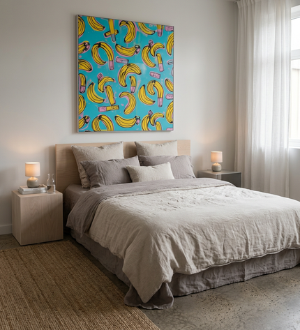 Banana Crush hand-painted figurative painting displayed in a serene bedroom