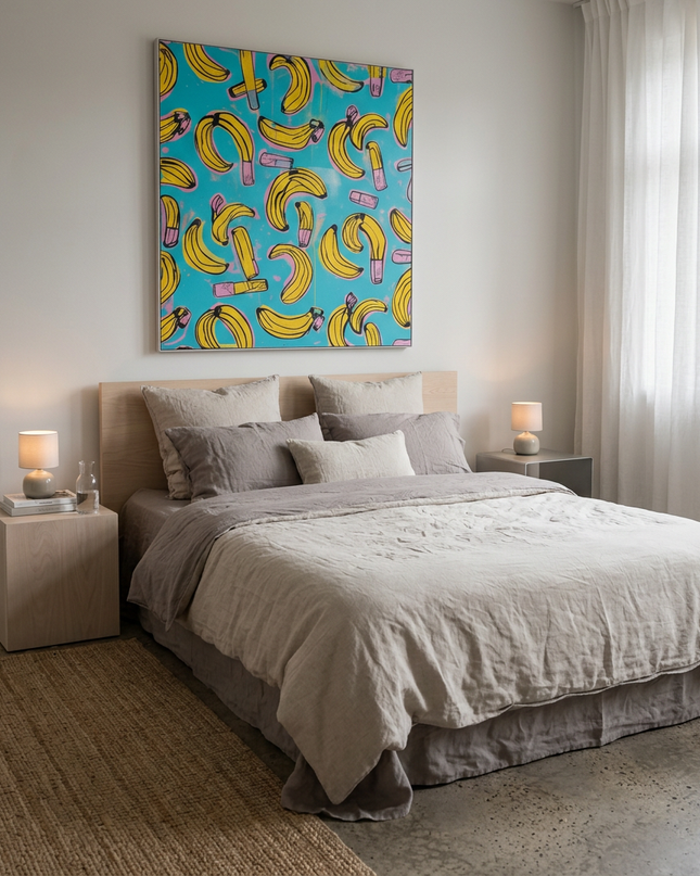 Banana Crush hand-painted figurative painting displayed in a serene bedroom