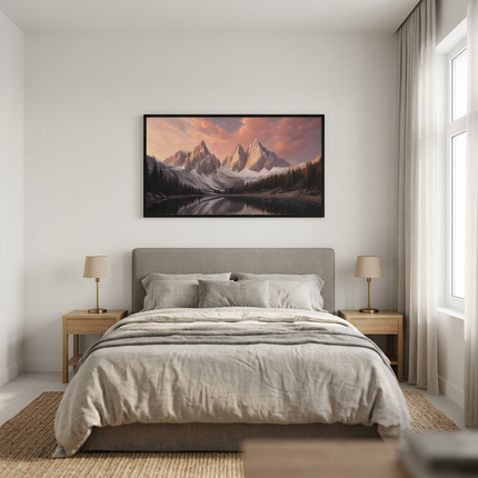 Sunset Summits hand-painted landscape painting displayed in a serene bedroom