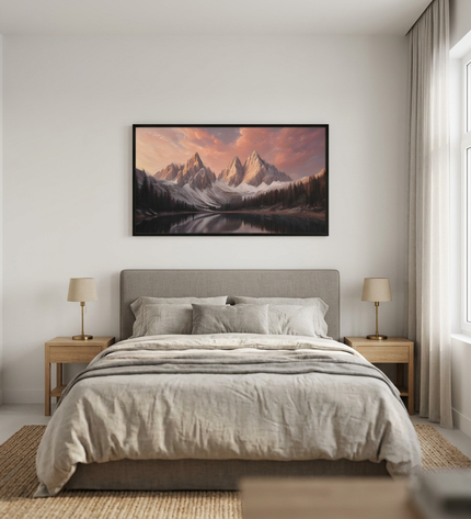 Sunset Summits hand-painted landscape painting displayed in a serene bedroom