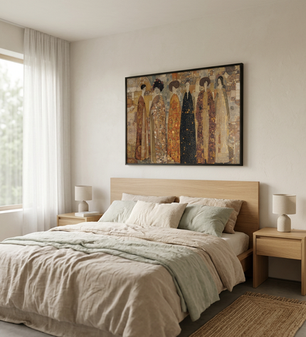 The Imperial Gathering hand-painted figurative painting displayed in a serene bedroom