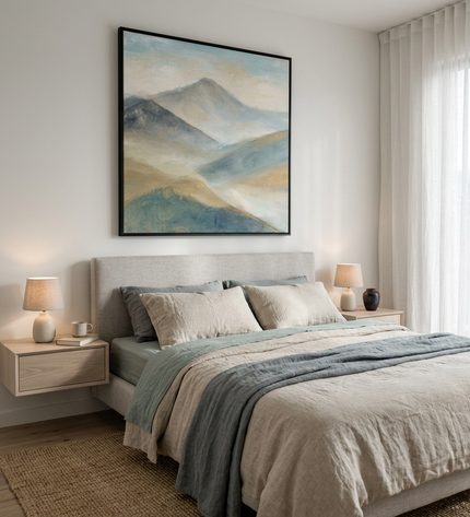 Drifting Into Peace hand-painted abstract painting displayed in a serene bedroom