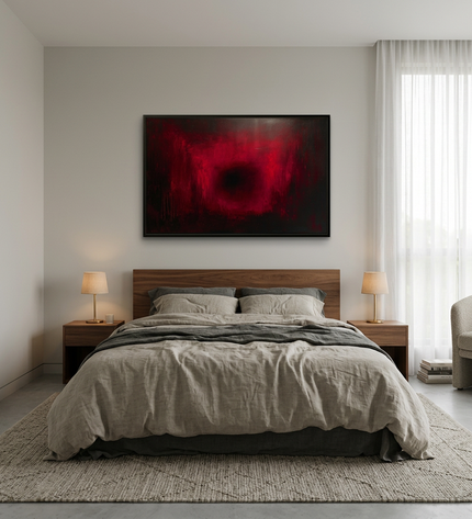 Ruby Glow hand-painted abstract painting displayed in a serene bedroom