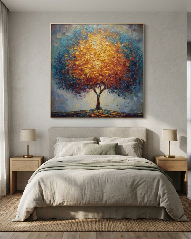 Legacy Tree hand-painted cityscape painting displayed in a serene bedroom