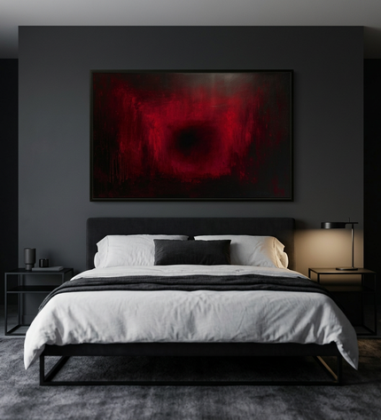 Ruby Glow hand-painted abstract painting displayed in a serene bedroom