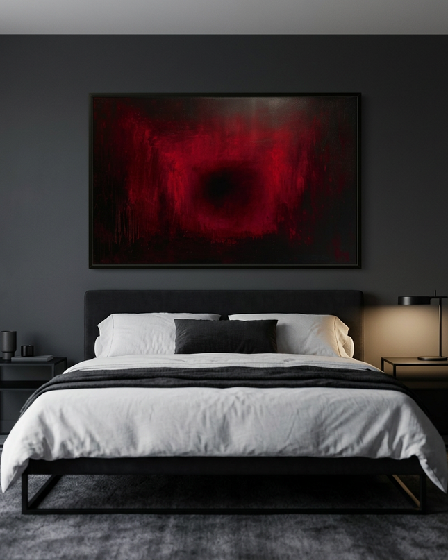 Ruby Glow hand-painted abstract painting displayed in a serene bedroom