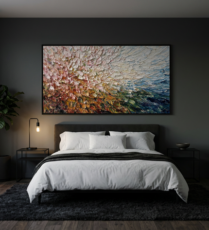 Radiant Meadow hand-painted landscape painting displayed in a serene bedroom