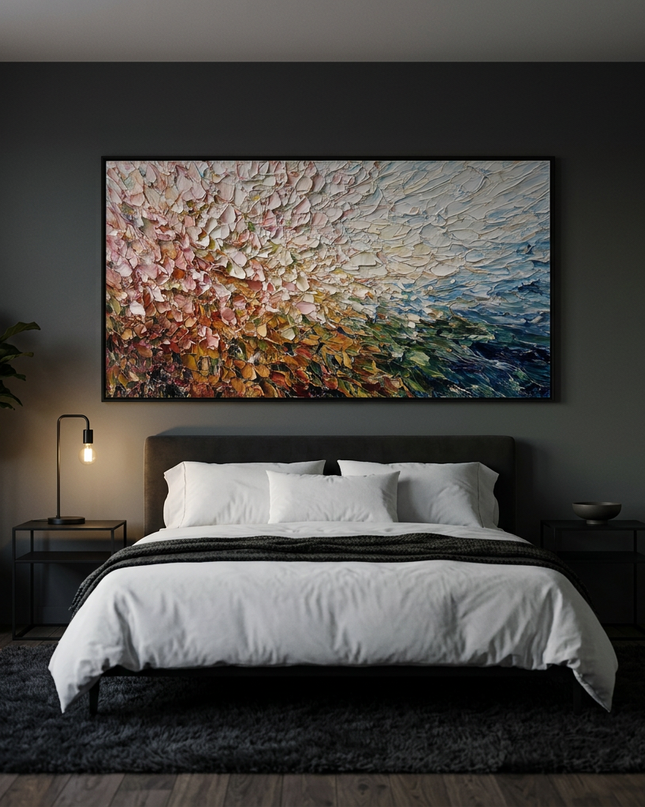 Radiant Meadow hand-painted landscape painting displayed in a serene bedroom