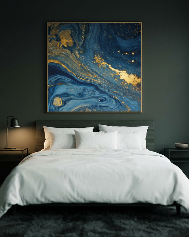 Ocean of Stars hand-painted landscape painting displayed in a serene bedroom
