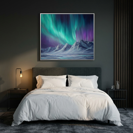 Whispers of the North hand-painted abstract painting displayed in a serene bedroom