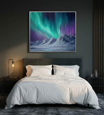 Whispers of the North hand-painted abstract painting displayed in a serene bedroom