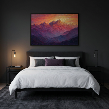 Sunset Reverie hand-painted landscape painting displayed in a serene bedroom