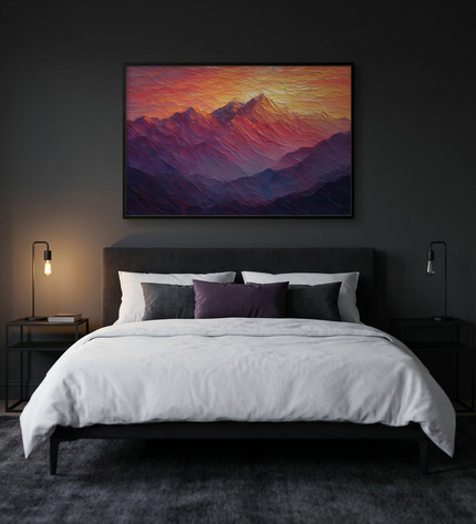 Sunset Reverie hand-painted landscape painting displayed in a serene bedroom