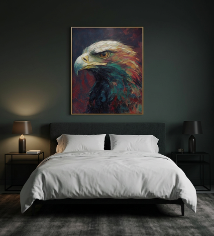 Watchful Hunter hand-painted animal portrait painting displayed in a serene bedroom
