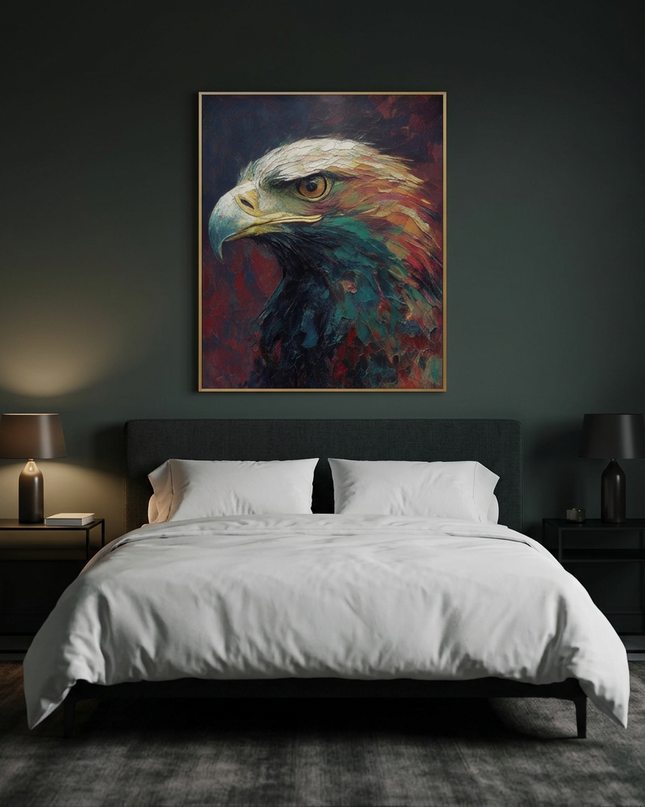 Watchful Hunter hand-painted animal portrait painting displayed in a serene bedroom