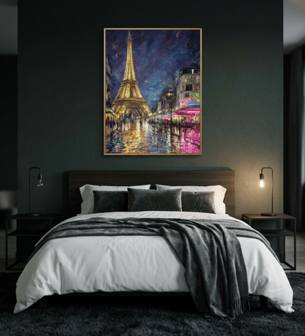 Love in Paris hand-painted cityscape painting displayed in a serene bedroom