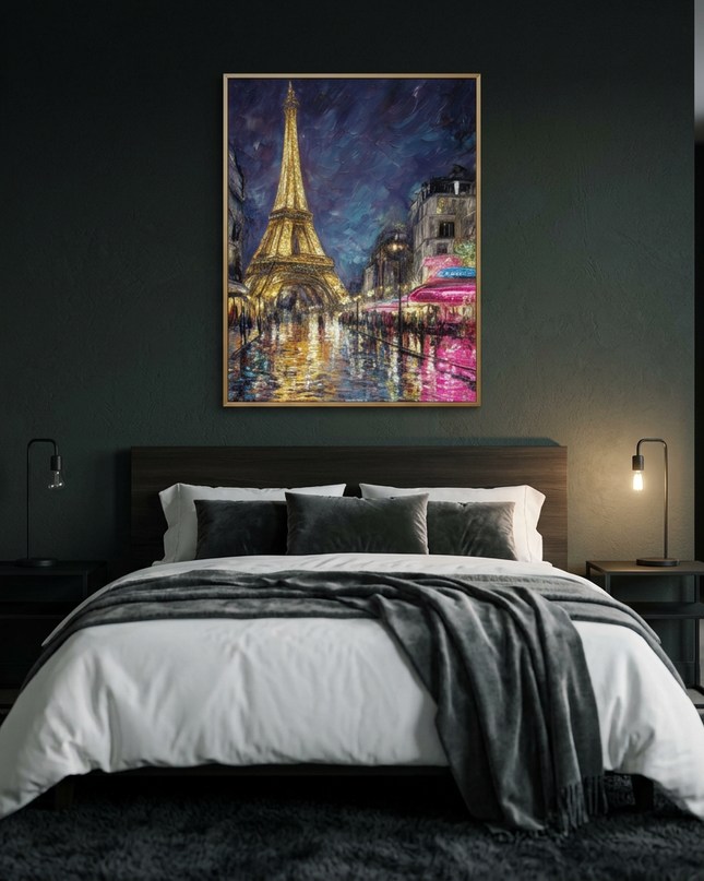 Love in Paris hand-painted cityscape painting displayed in a serene bedroom
