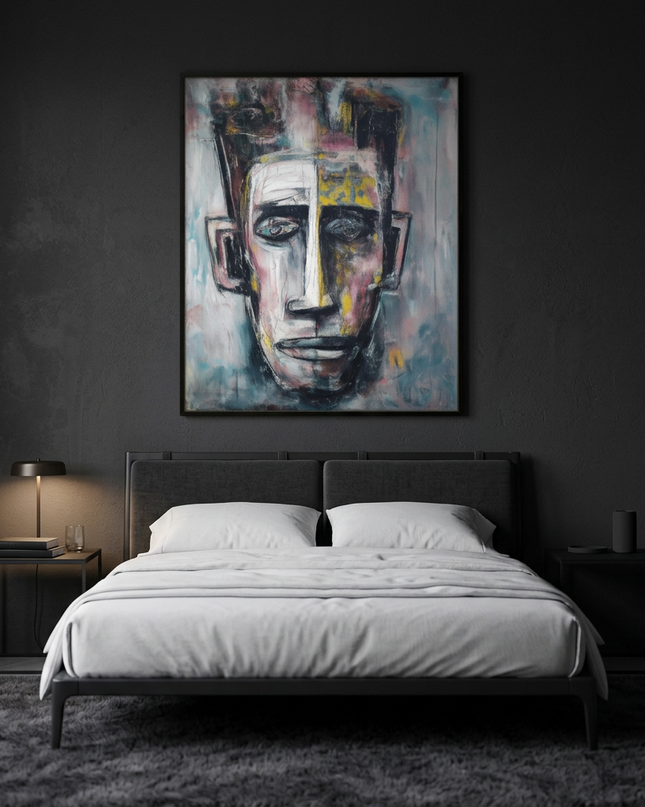 The Listener hand-painted floral painting displayed in a serene bedroom
