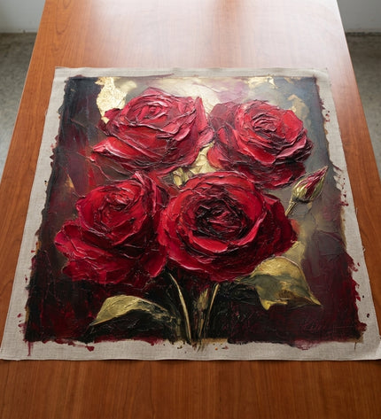 Velvet Passion hand-painted original as unrolled canvas on studio table, shown without frame