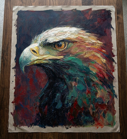 Watchful Hunter hand-painted original as unrolled canvas on studio table, shown without frame