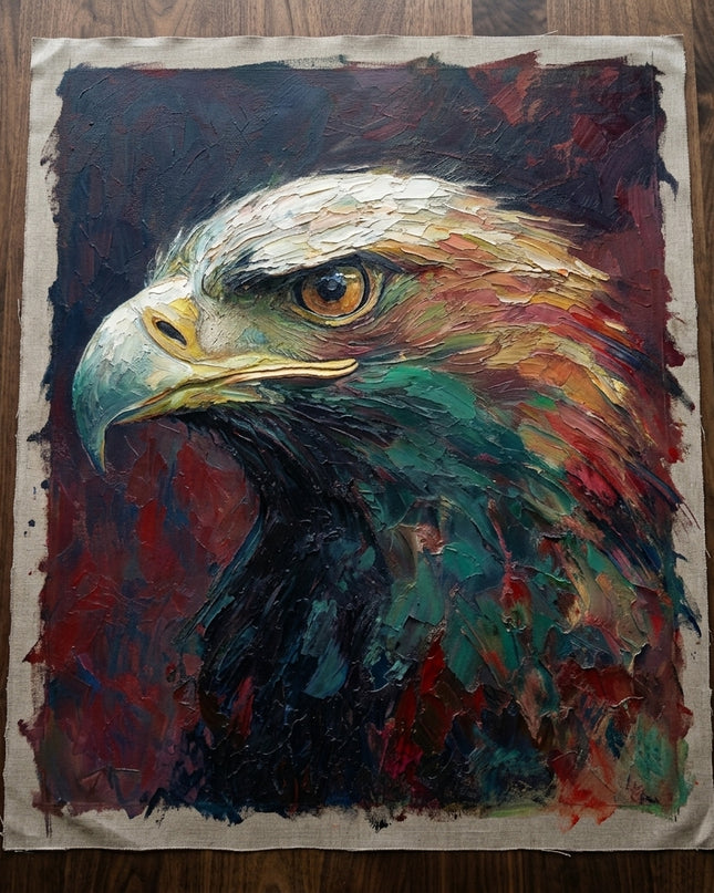 Watchful Hunter hand-painted original as unrolled canvas on studio table, shown without frame
