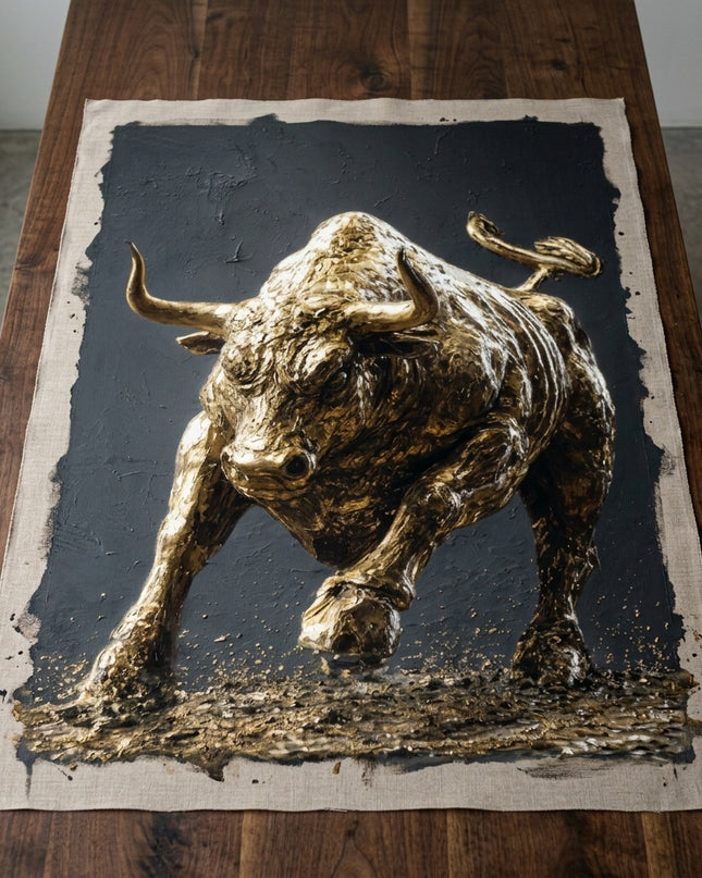Wealth Stampede hand-painted original as unrolled canvas on studio table, shown without frame
