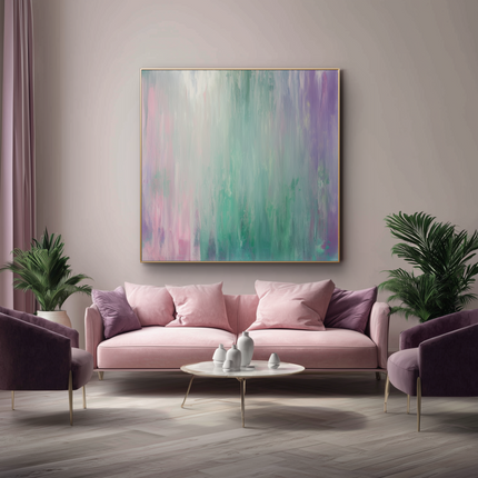 Modern living room with pink sofa, purple armchairs, and abstract painting on wall.