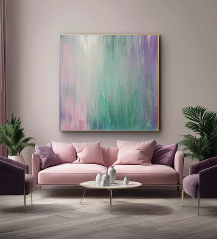 Modern living room with pink sofa, purple armchairs, and abstract painting on wall.