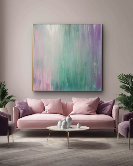 Modern living room with pink sofa, purple armchairs, and abstract painting on wall.