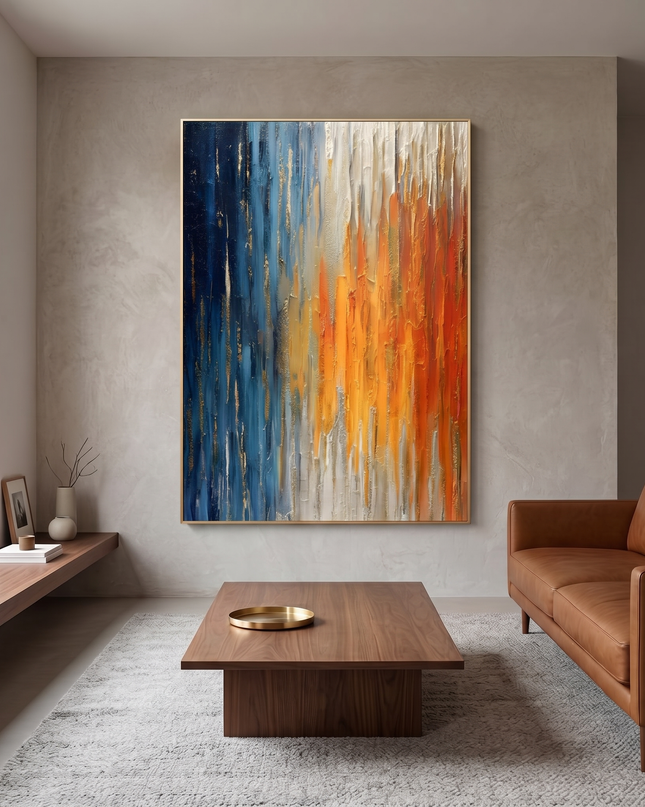 Andromeda Blaze hand-painted abstract painting displayed in a contemporary living room