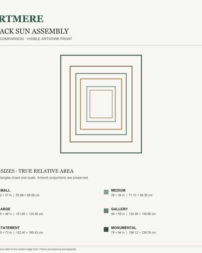 Black Sun Assembly — six-size comparison guide, visible artwork dimensions in inches and cm