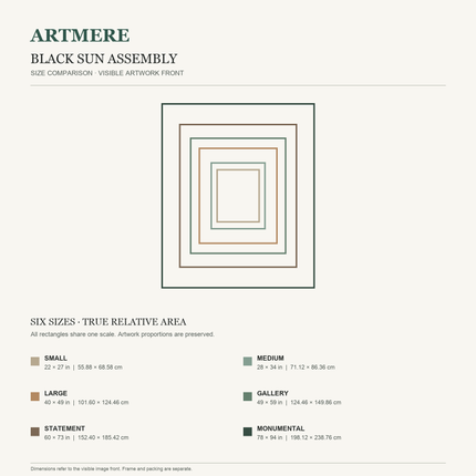Black Sun Assembly — six-size comparison guide, visible artwork dimensions in inches and cm