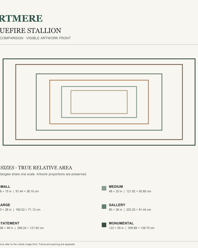 Bluefire Stallion — six-size comparison guide, visible artwork dimensions in inches and cm