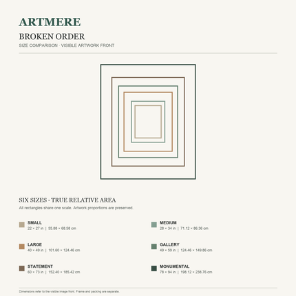 Broken Order — six-size comparison guide, visible artwork dimensions in inches and cm